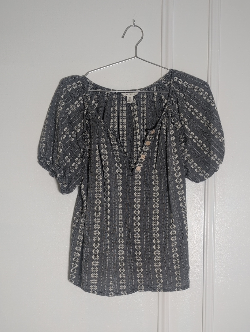 Cato Black Puff-Sleeve Floral Peasant Blouse